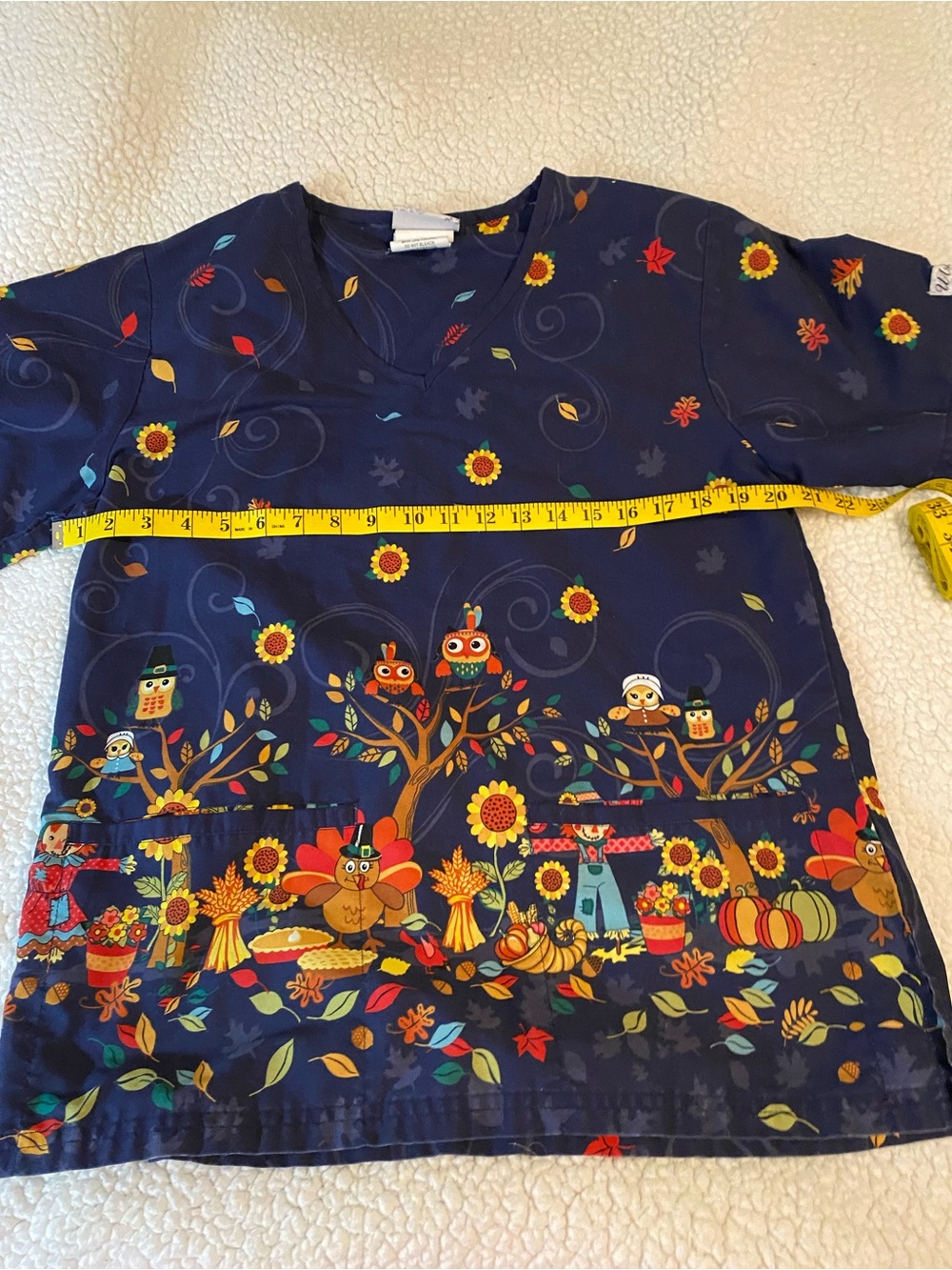 UA Scrubs Navy Top with Autumn Floral and Pumpkin Motif size small - Picture 6 of 9